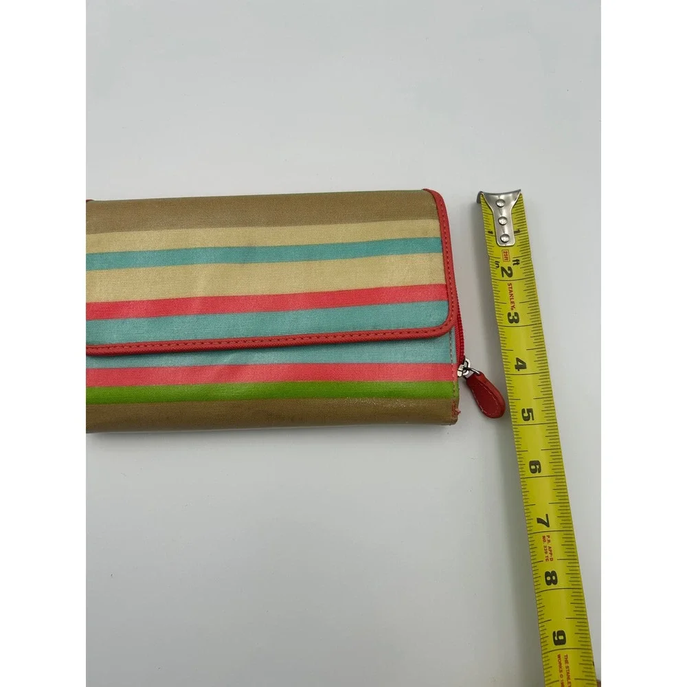 Multicolor Striped Trifold Zip Around Wallet Red Teal Tan Canvas Organizer